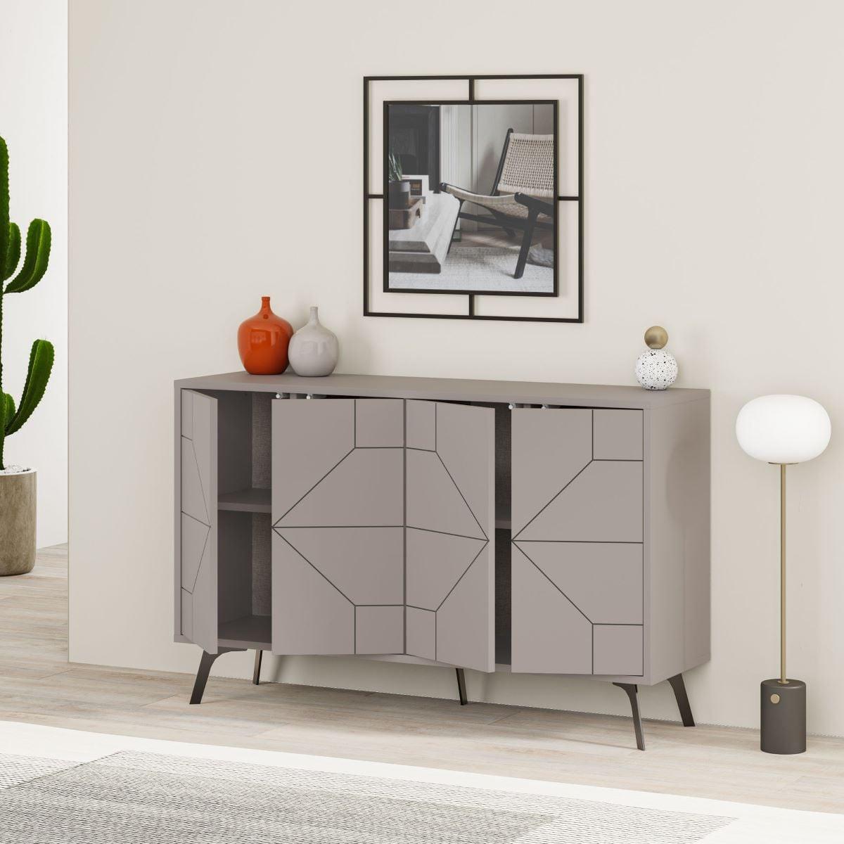 SIDEBOARD mit 4 Türen und dekorierten Türen L123 cm - Dune - Taupe, Holzwerkstoff (35/62.4/16cm) - Calicosy