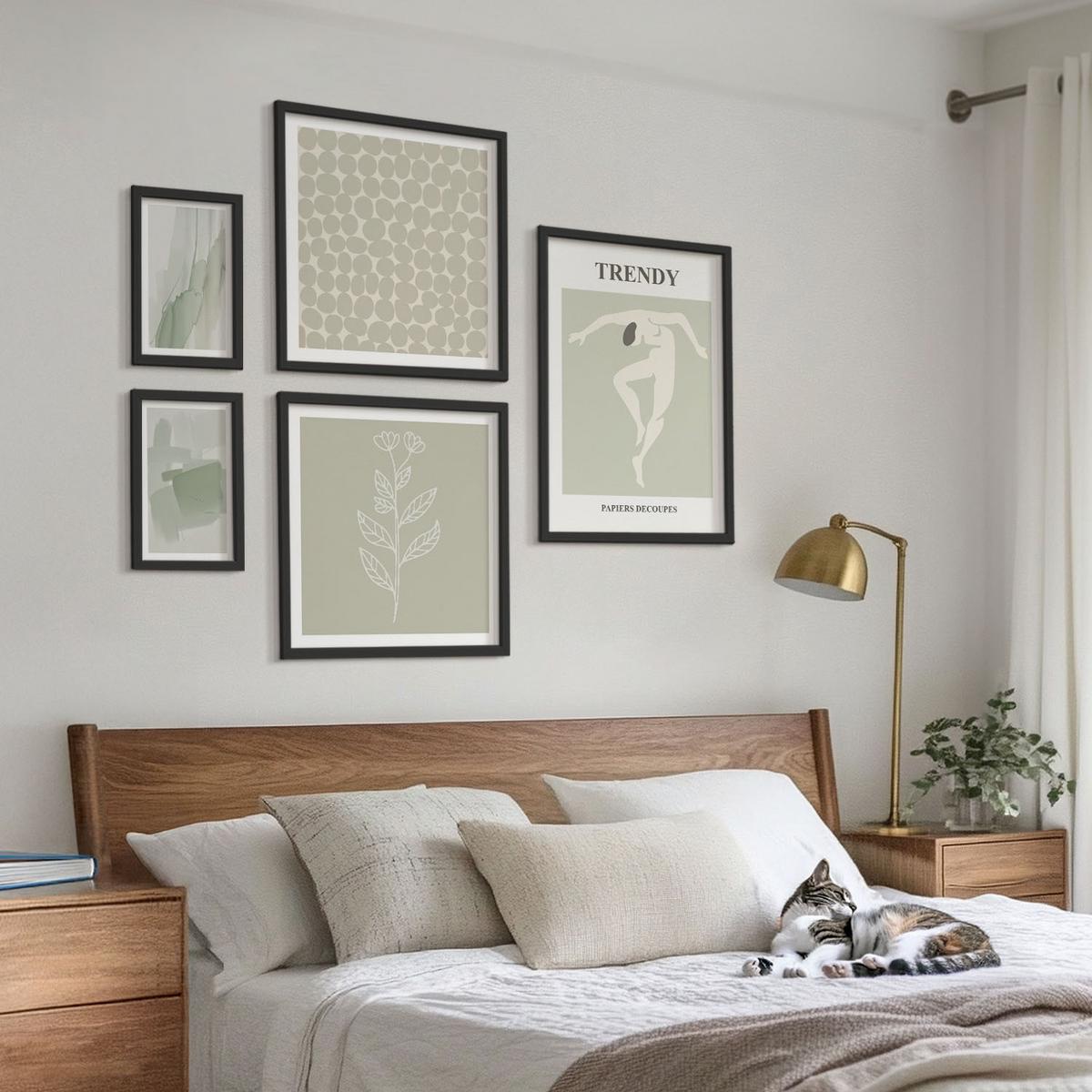 BILDER SET 5er Set - 50x50 cm & 20x30 cm & 40x60 cm Schwarzer Rahmen - Abstrakte Aquarellpflanzen - Schwarz, Kunststoff (40/60cm) - TULUP