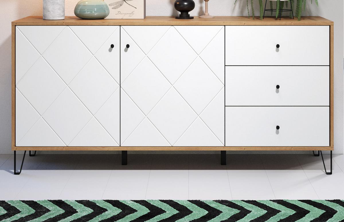 SIDEBOARD weiß matt mit Rautenoptik, Eiche Artisan 183 cm, Kommode mit Soft-Close - Eichefarben/Schwarz, Holzwerkstoff/Kunststoff (183/76/40cm) - Top.Furn
