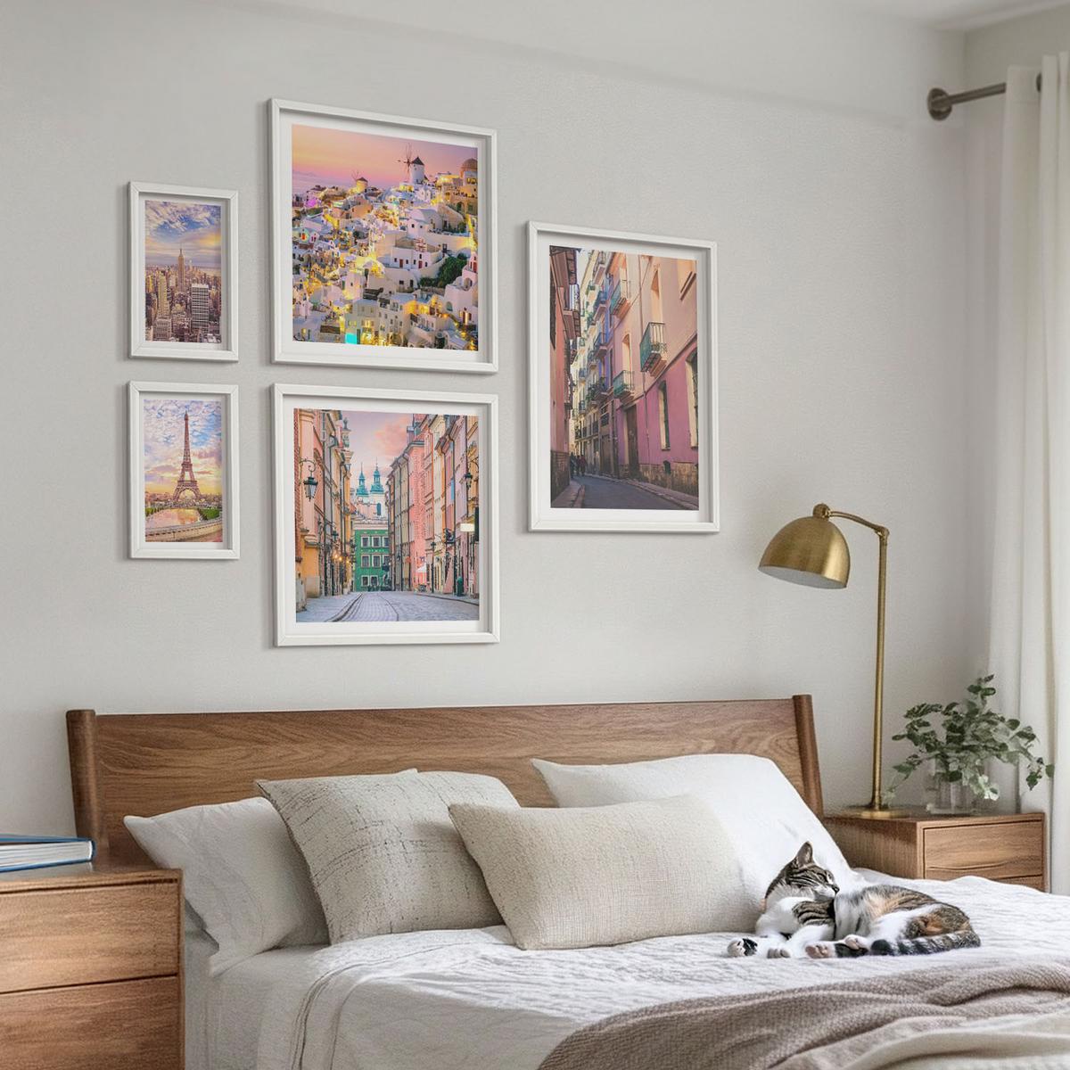 BILDER SET 5er Set - 50x50 cm & 20x30 cm & 40x60 cm Weißer Rahmen - New York Paris Oia Warschau Dämmerung - Weiß, Kunststoff (40/60cm) - TULUP