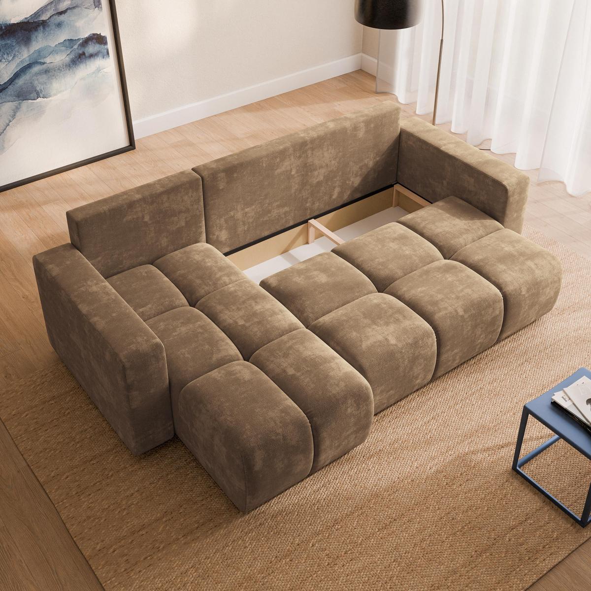 ECKSOFA RAMIL Beige Chenille mit Schlaffunktion - Beige, Holz (240/149cm) - MASSENO