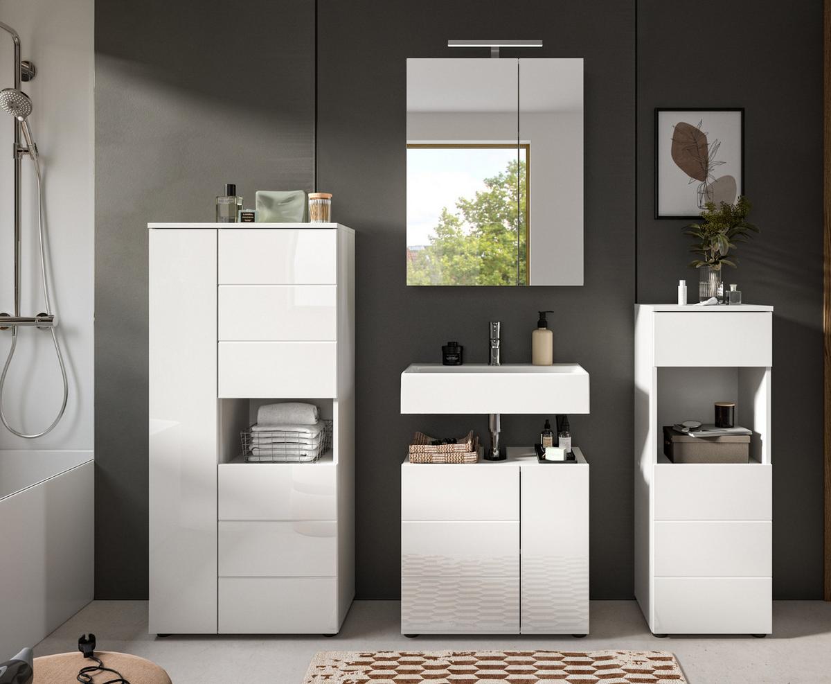 BADSCHRANK weiß Hochglanz 60 x 131 cm, Midischrank mit 9 Fächern - Weiß Hochglanz/Schwarz, Holzwerkstoff/Kunststoff (60/131/34cm) - Inn.Furn