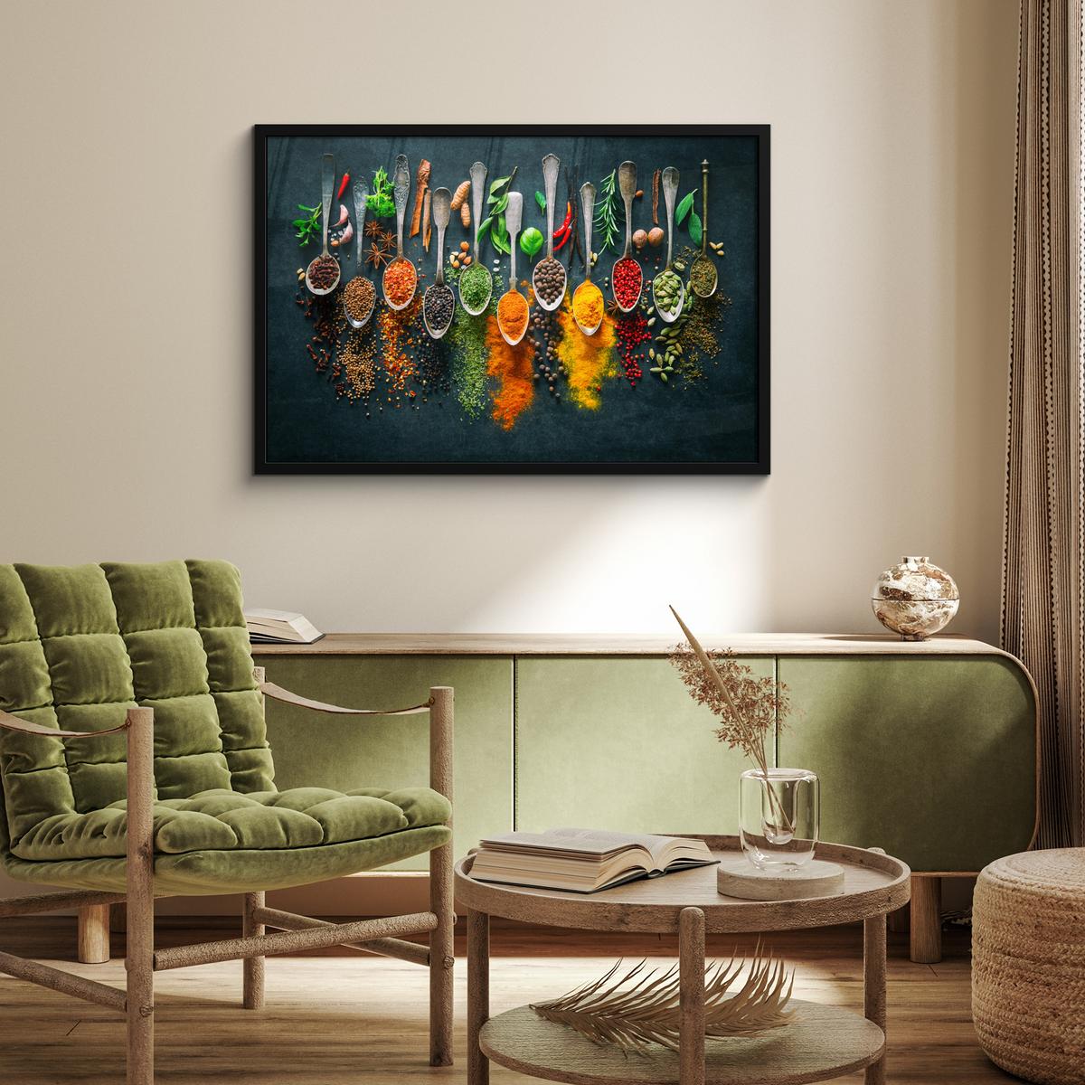 POSTER MIT RAHMENGERAHMTES BILD Kräuter - Gewürze - Löffel 90x60 cm - Currygelb, Papier (90/60cm) - MuchoWow