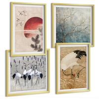 BILDER SET 4er Set - 50x50 cm & 40x60 cm Goldrahmen - Japanische Kraniche Landschaft - Goldfarben, Kunststoff (50/50cm) - TULUP