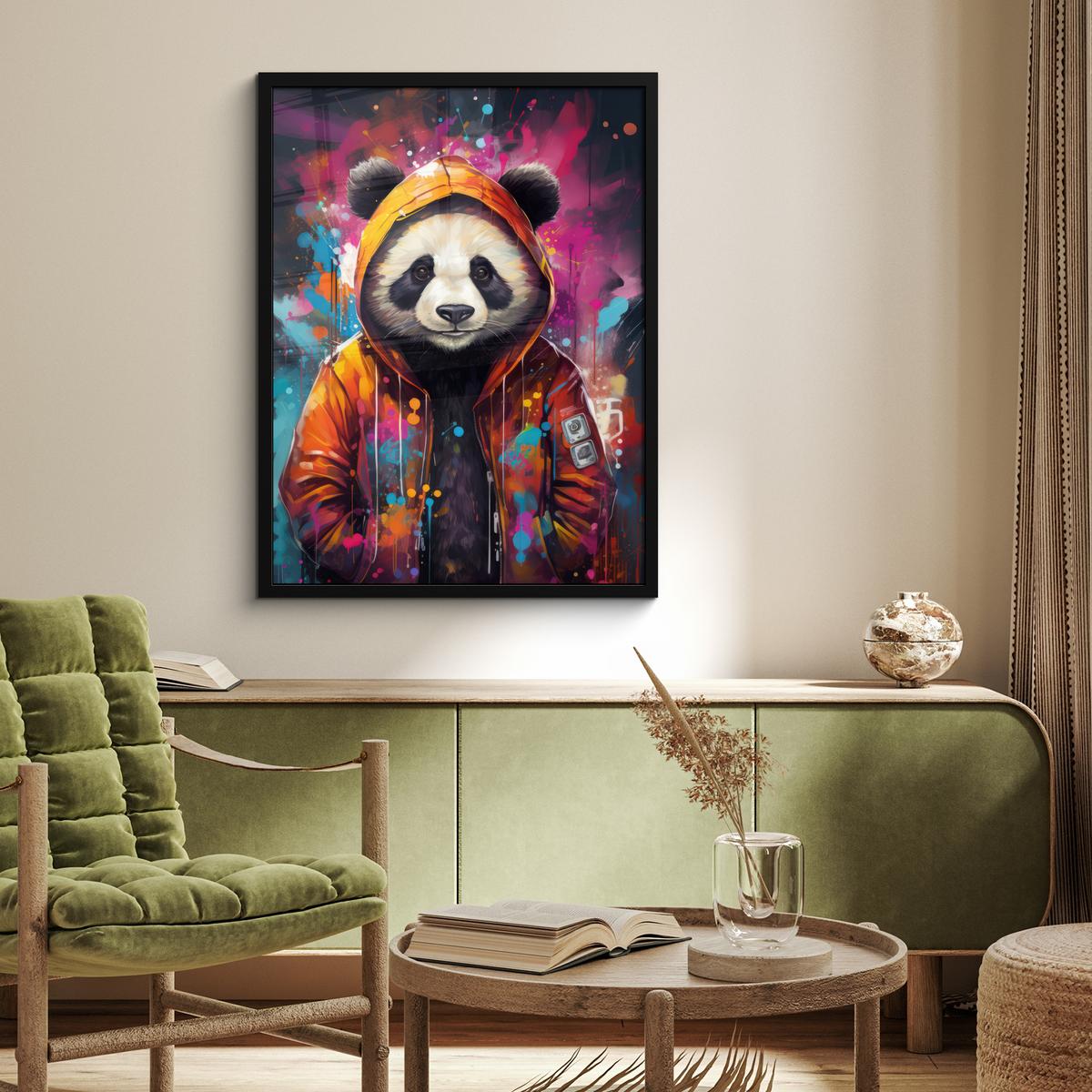 POSTER MIT RAHMEN Panda - Jacke - Graffiti - Orange Posterleiste 60x80 cm - Orange, Papier (60/80cm) - MuchoWow