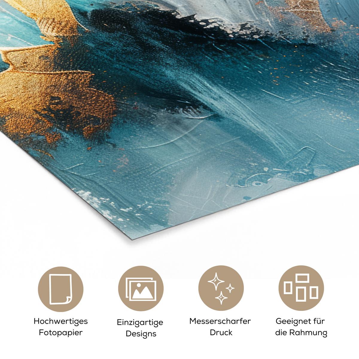 POSTER Abstrakt - Kunst - Gold - Blau Wandbilder 30x40 cm - Petrol, Papier (30/40/0.1cm) - MuchoWow