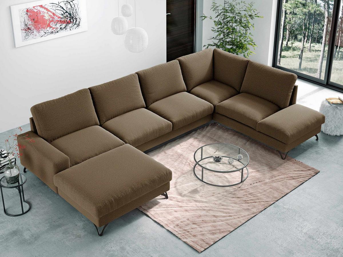 WOHNLANDSCHAFT Flavio U, Seite: Links - L1F+L2F+R3F - Schwarz/Braun, Holz/Textil (367/91/214cm) - MIRJAN24