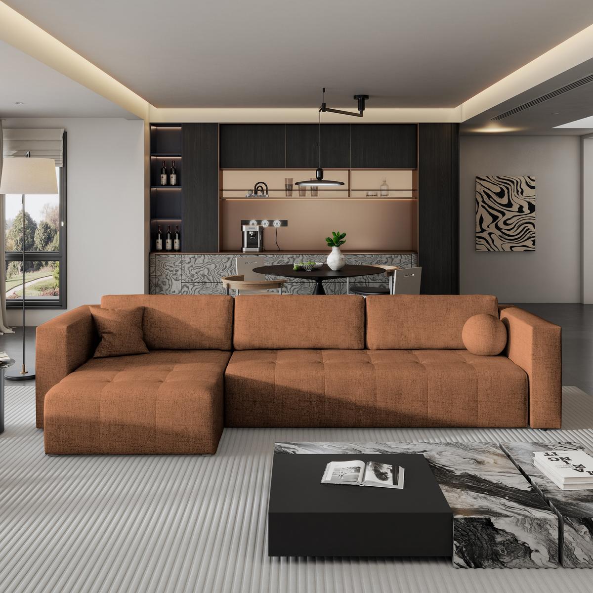 ECKSOFA OLVERA Kupferfarben Geflochtener Stoff mit Schlaffunktion - Kupferfarben, Holz (347/148cm) - MASSENO