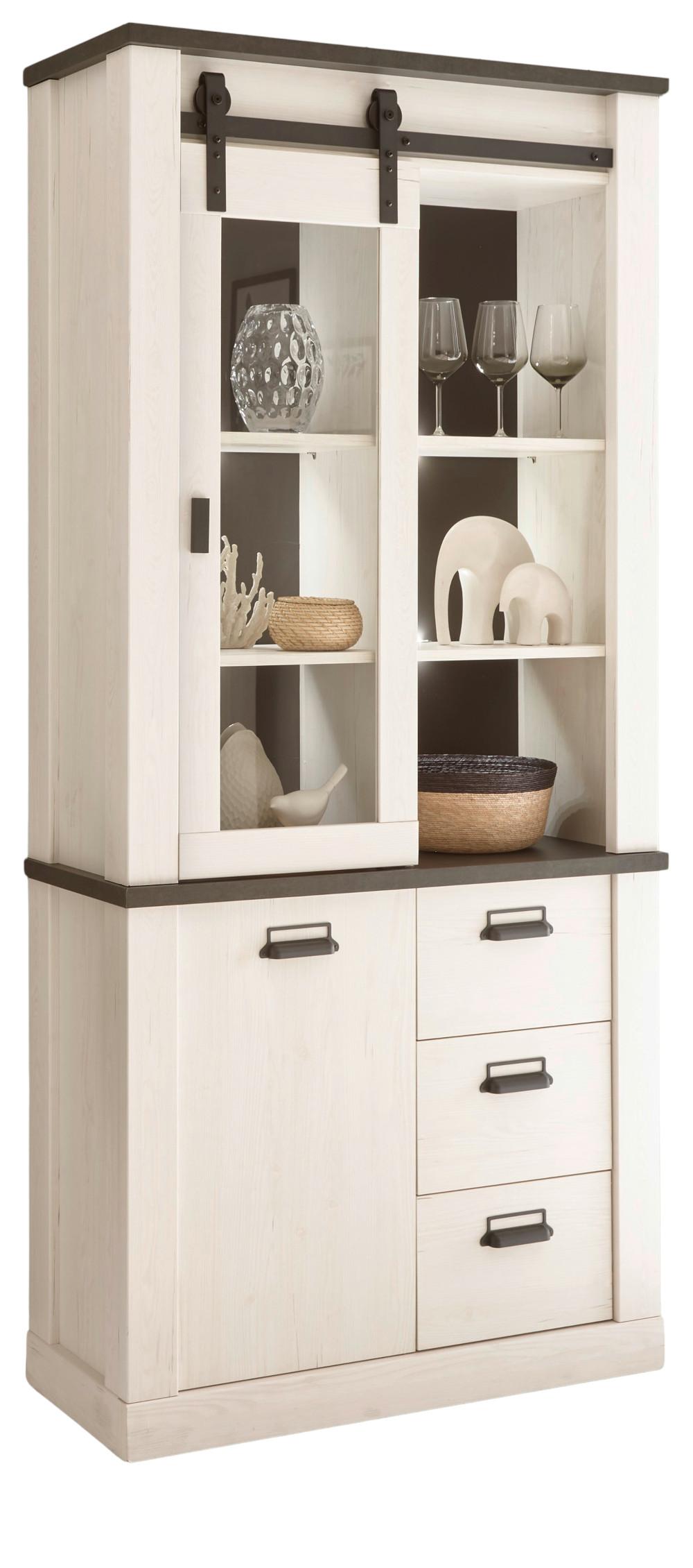 VITRINE weiß Pinie, anthrazit, Landhaus, Vitrinenschrank 93 x 201 cm - Anthrazit/Weiß, Holzwerkstoff/Metall (93/201/38cm) - Furn.Design