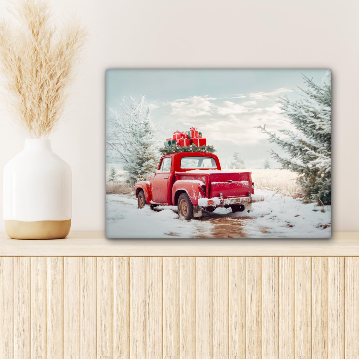 LEINWANDBILD Auto - Rot - Geschenke - Winter - Schnee - Weihnachten Wandbild 40x30 cm - Rot, Textil (40/30cm) - MuchoWow