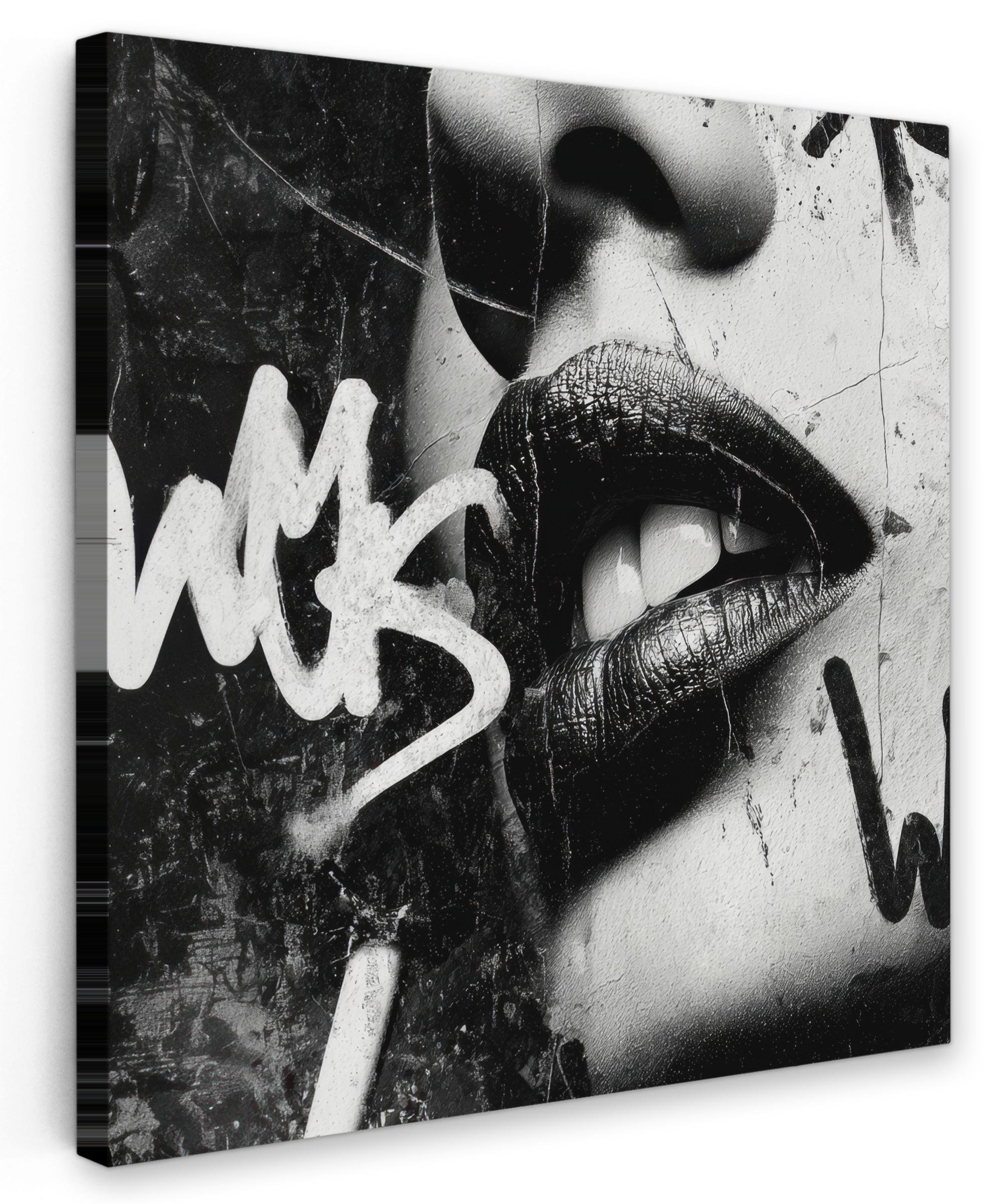 LEINWANDBILD Gesicht - Mund - Graffiti - Schwarz Wandbild Wohnzimmer 50x50 cm - Schwarz, Textil (50/50cm) - MuchoWow
