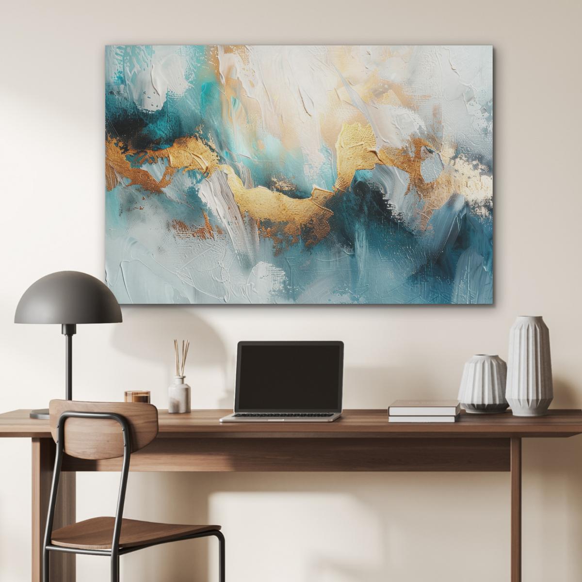 AKUSTIKBILD Abstrakt - Kunst - Gold - Blau Wandbild Wohnzimmer 100x70 cm - Petrol, Kunststoff (100/70/0.9cm) - MuchoWow