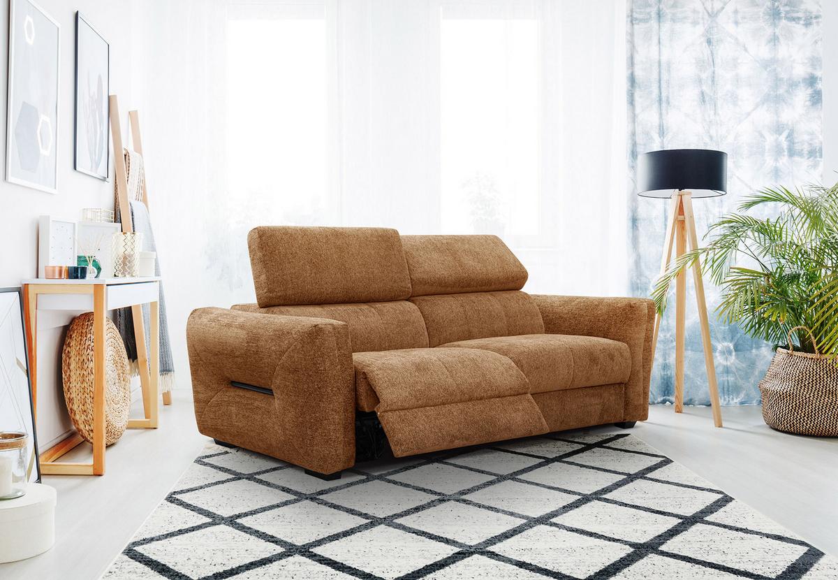 SOFA CALVERA 3-Sitzer mit 1 Relaxfunktion, dunkelorange - Dunkelorange/Schwarz, Holzwerkstoff/Textil (204/79/106cm) - Wozimo