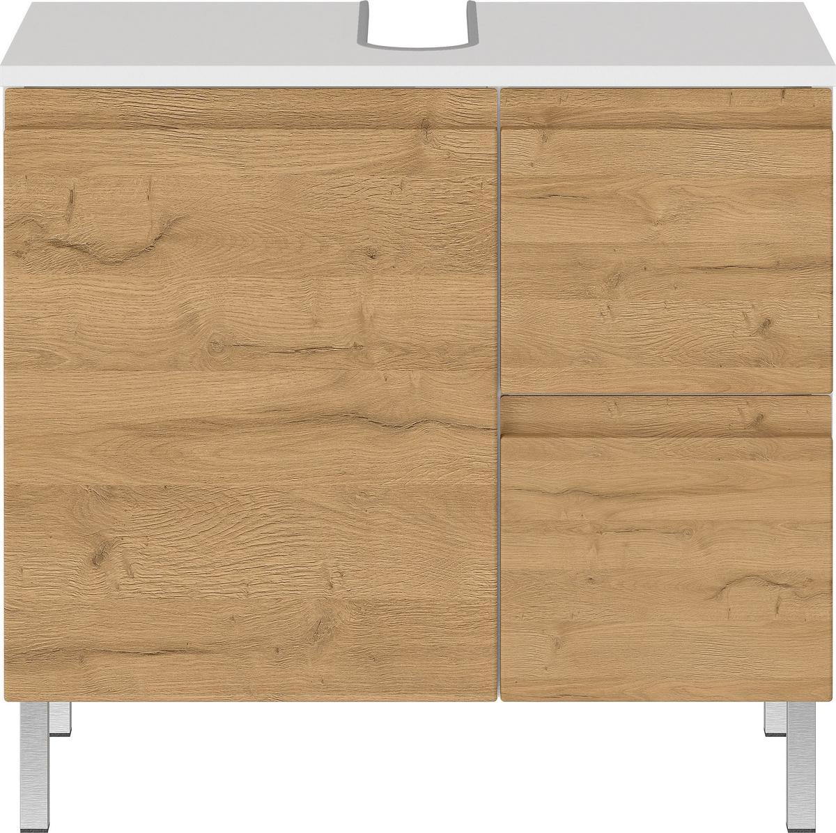 WASCHBECKENUNTERSCHRANK Weiß und Eiche Grandson 60x34x56 cm mit Chromfüßen VEER - Braun, Holz/Metall (60/56/34cm) - KADIMA DESIGN