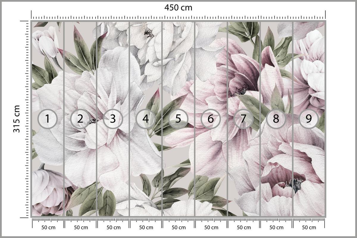 FOTOTAPETE für Schlafzimmer Pastell Pfingstrosen Boho Pflanzen 450x315 - Violett/Rosa, Papier (450/315cm) - Muralo