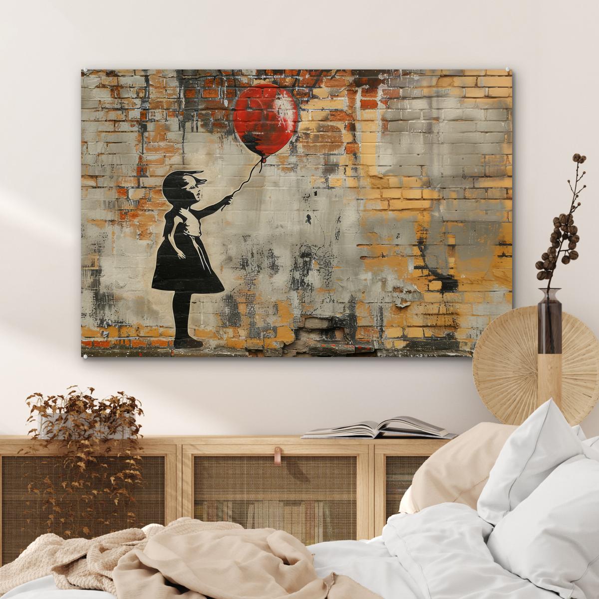 ACRYLGLASBILD Graffiti - Banksy - Mädchen - Straßenkunst Room Decor 90x60 cm - Sandfarben, Glas (90/60cm) - MuchoWow