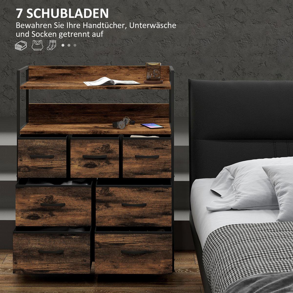 KOMMODE aus Stoff mit 7 Schubladen, Rustikal-Braun - Braun, Textil (29/101/79cm) - HOMCOM