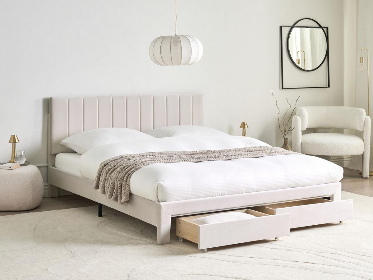 BETT mit Schubladen 160/200 cm Samtstoff Cremeweiß Lonzac - Creme, Textil (160/200cm) - Beliani
