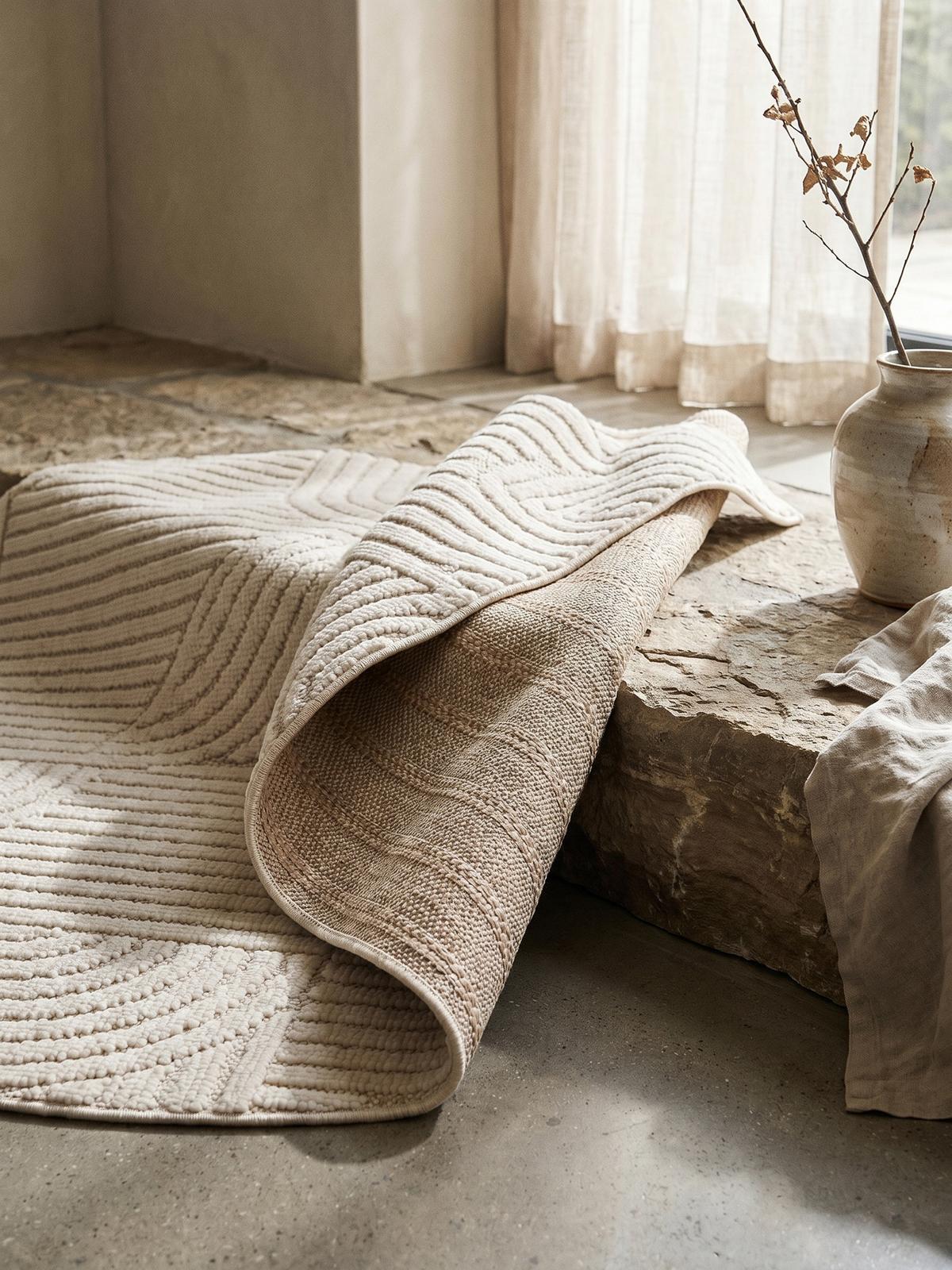 TEPPICH Flachgewebe LANGAU in Creme, mit geometrischen Bögen, Ø 80 cm - Beige, Textil (80/80cm) - KADIMA DESIGN