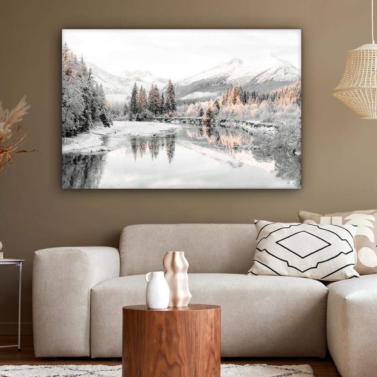 LEINWANDBILD Natur - Winter - Bäume - Berge - Schnee Wohnzimmer Groß 120x80 cm - Weiß Hochglanz, Textil (120/80cm) - MuchoWow
