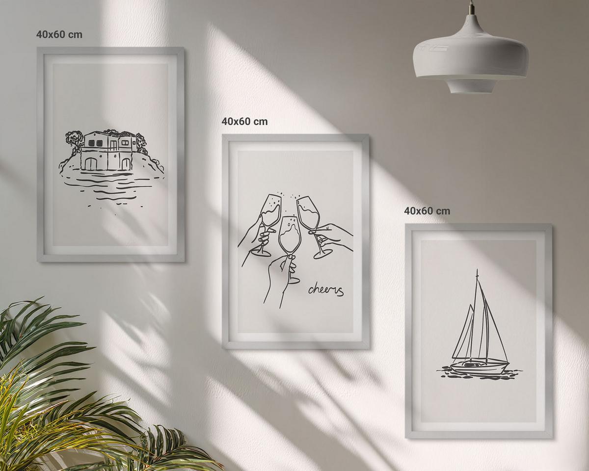 BILDER SET 3er Set - 40x60 cm Silberner Rahmen - Haus am Wasser, Segelboot-Toast - Silberfarben, Kunststoff (40/60cm) - TULUP