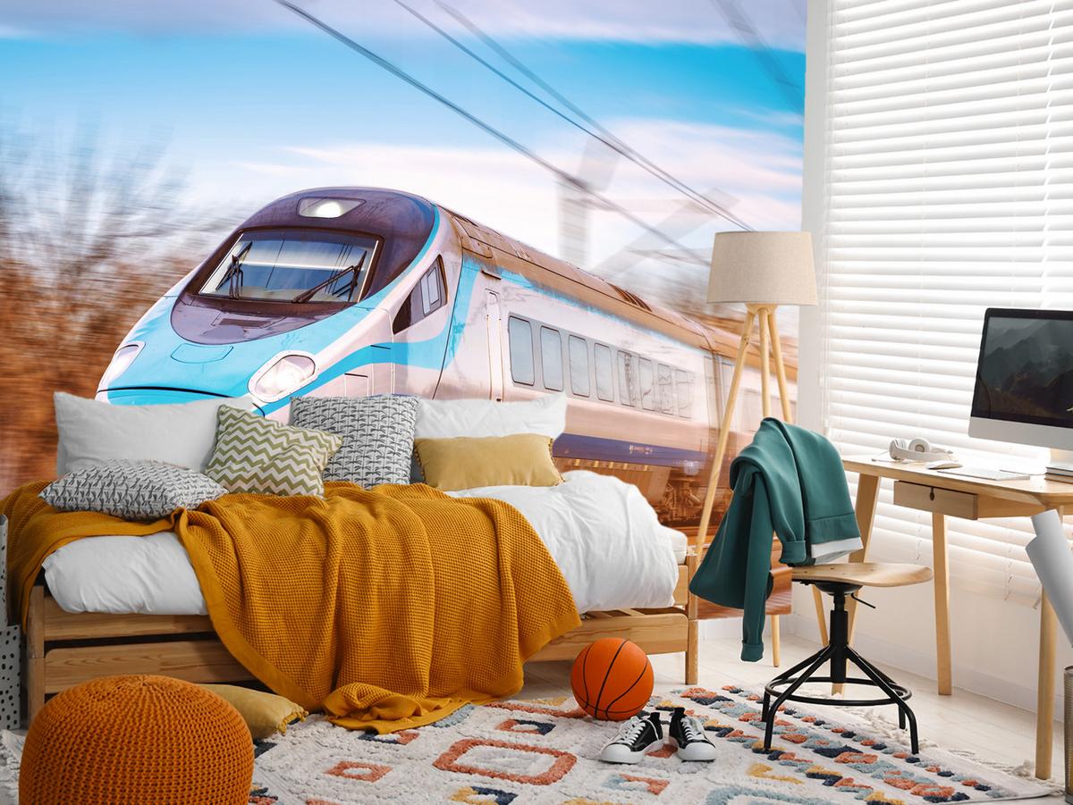 FOTOTAPETE für Wohnzimmer Moderner Zug Eisenbahnschienen 400x280 - Blau/Schwarz, Papier (400/280cm) - Muralo