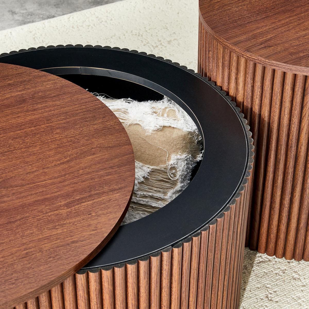 COUCHTISCH 2er-set in walnuss-optik, rundes säulen-design & versteckter stauraum - Walnussfarben, Holzwerkstoff (65/65/40cm) - Urban Meuble