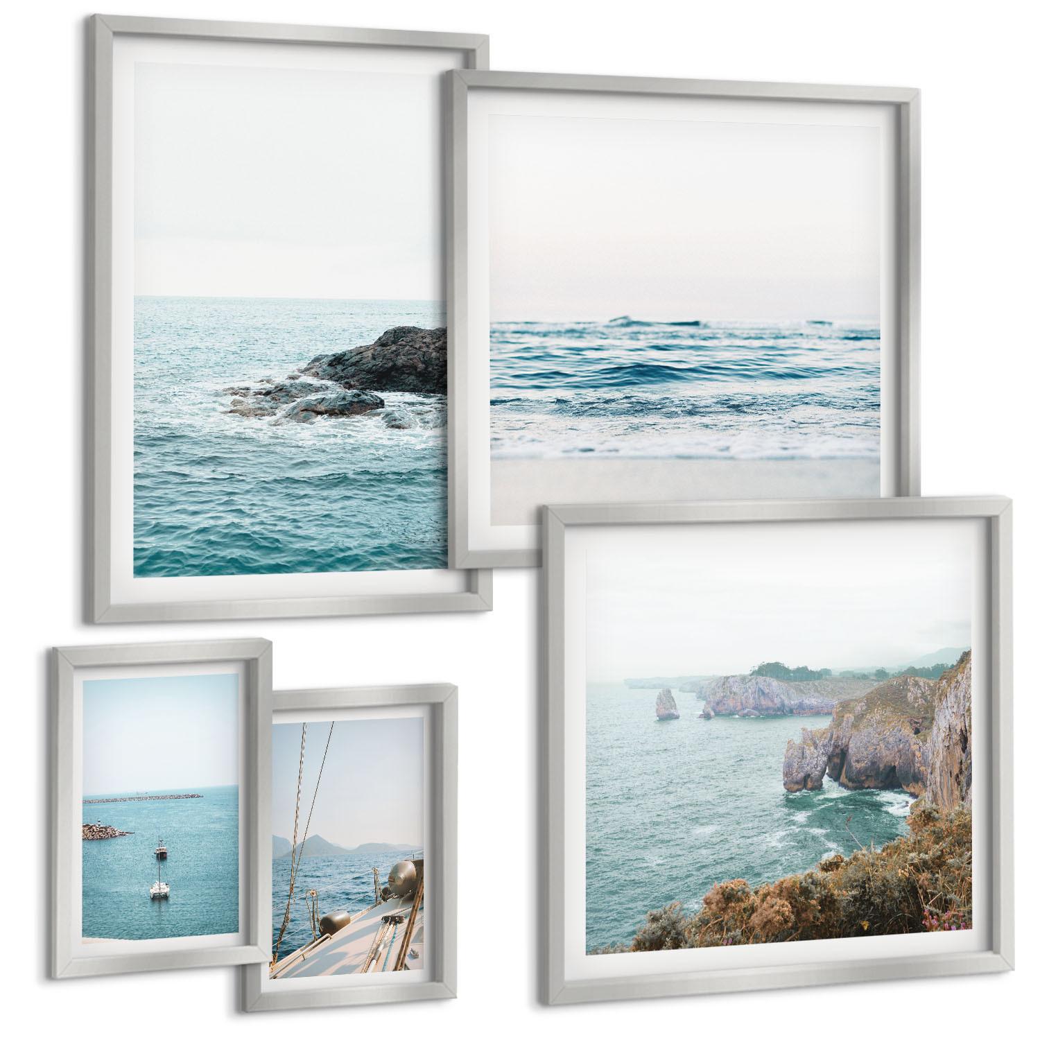 BILDER SET 5er Set - 50x50 cm & 20x30 cm & 40x60 cm Silberner Rahmen - Küstenlandschaftsblick - Silberfarben, Kunststoff (40/60cm) - TULUP