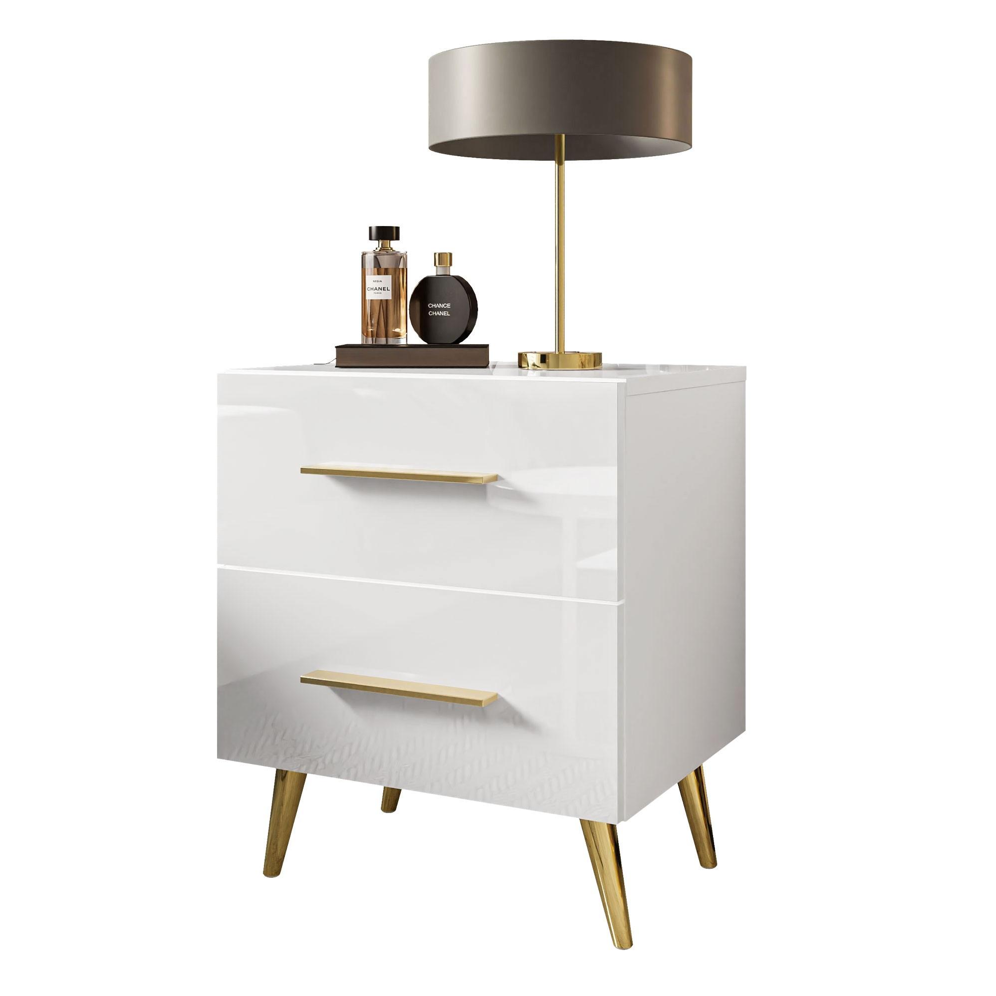 NACHTTISCH AURA LUX mit Hochglanzplatte auf Beinen – Beinfarbe: Gold - Goldfarben/Weiß, Holzwerkstoff (45/55/39cm) - Lookway