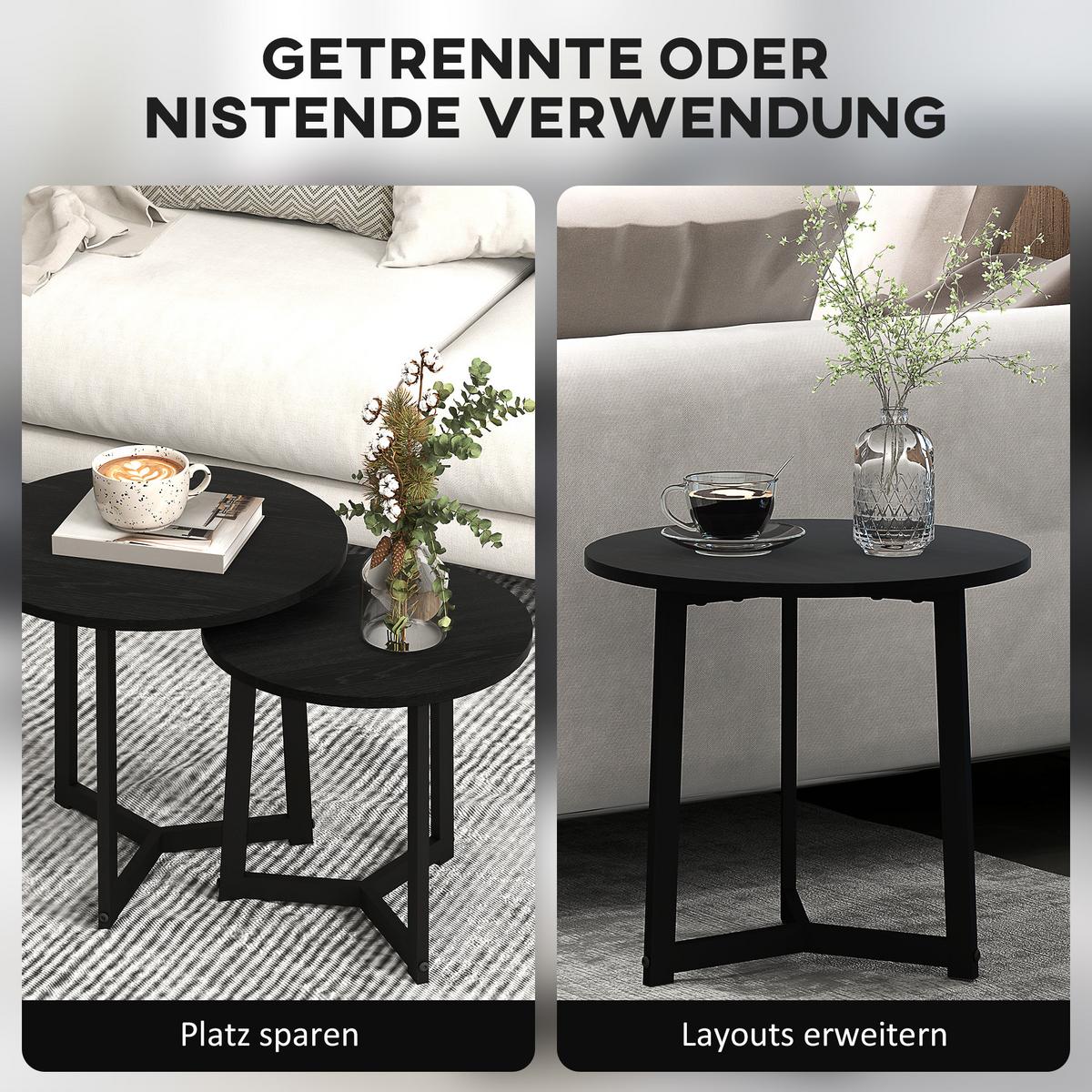 2ER-SET Couchtisch, Runder Beistelltisch, Kaffeetisch mit Stahlgestell Sofatisch - Schwarz, Metall (48/48/45cm) - HOMCOM
