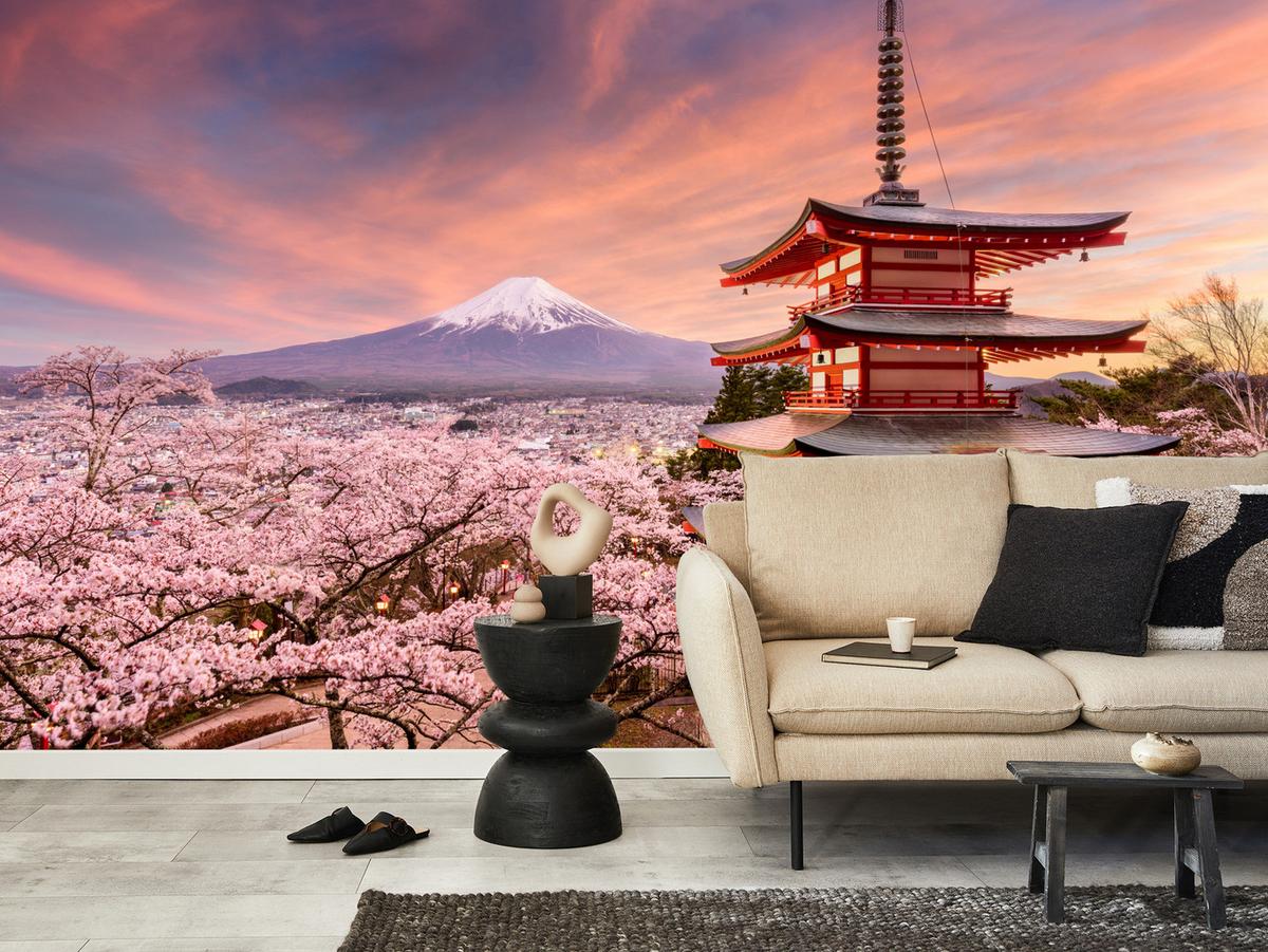 FOTOTAPETE Pagode Berg Fuji Sakura Landschaft 3D 100x70 - Rot/Violett, Papier (100/70cm) - Muralo