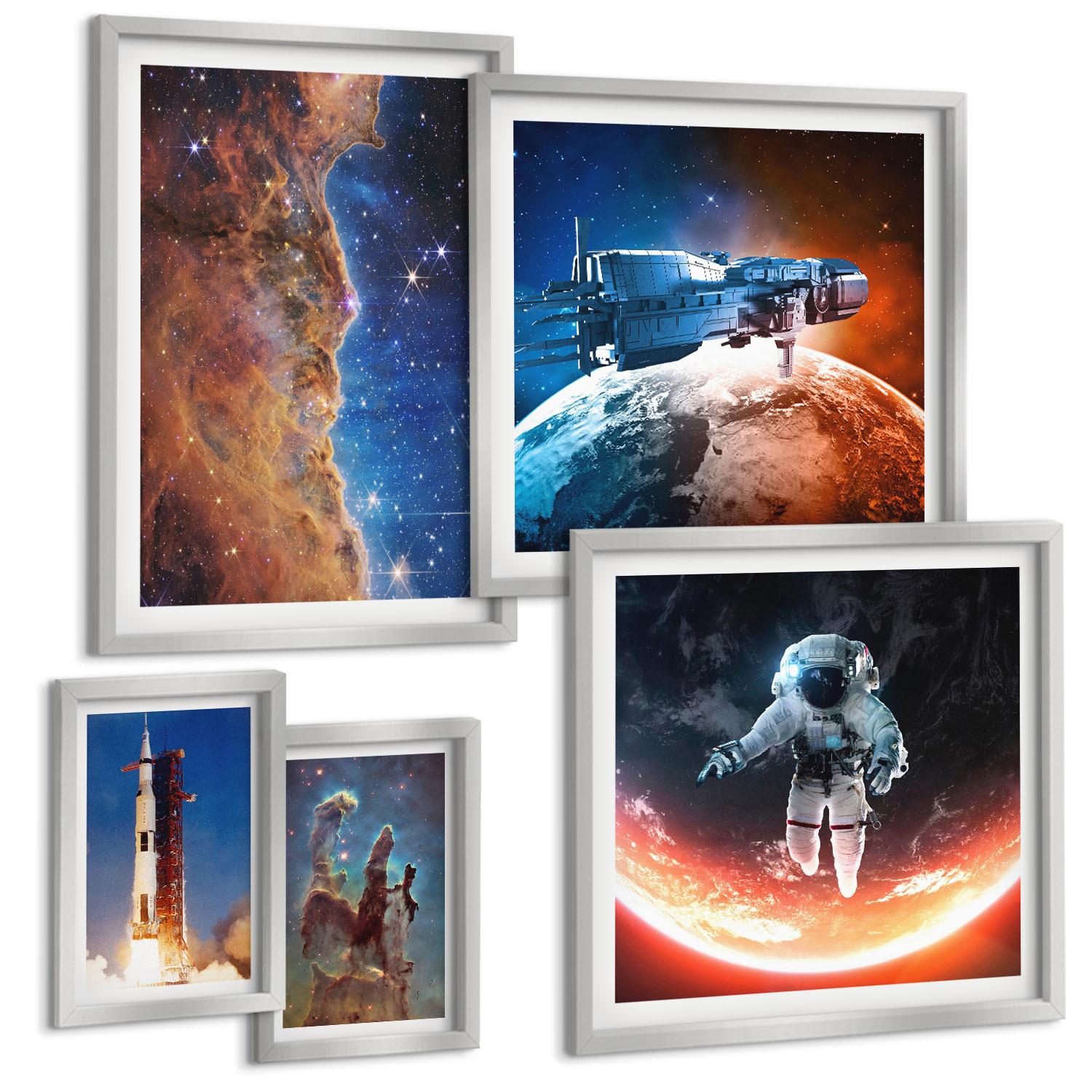 BILDER SET 5er Set - 50x50 cm & 20x30 cm & 40x60 cm Silberner Rahmen - Farbenfrohes abstraktes Porträt - Silberfarben, Kunststoff (40/60cm) - TULUP
