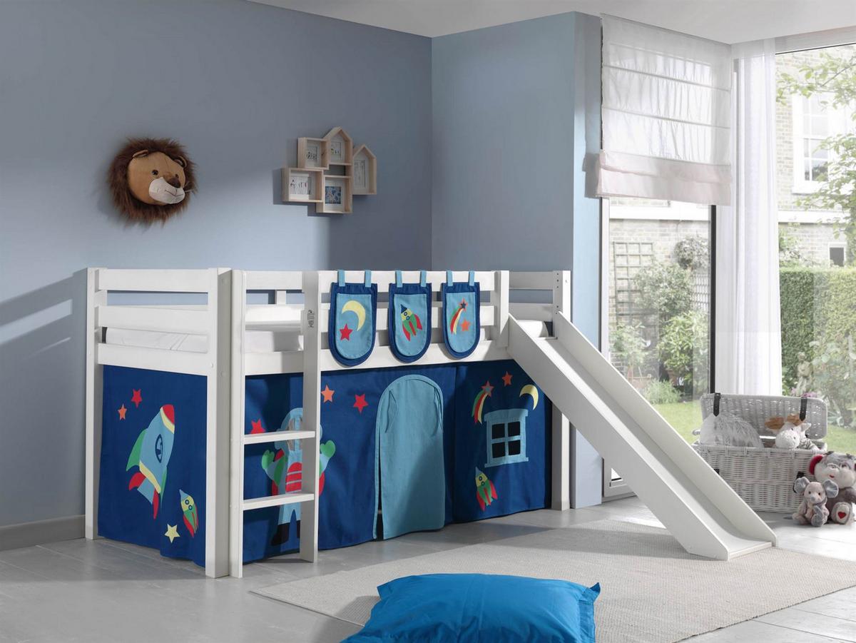 HOCHBETT mit Rutsche Karolina Massivholz Weiß Textilset Astro 3 - Blau/Weiß, Holz (90/200cm) - 58aufmkessel