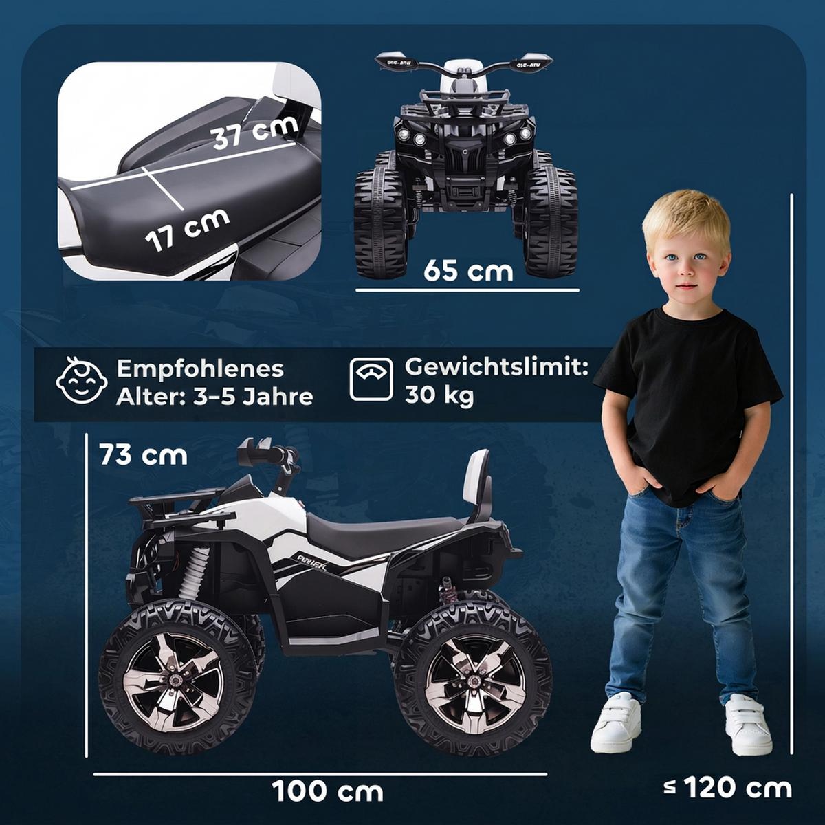 KINDER-QUAD-ELEKTRO Metall Kunststoff Weiß - Weiß, Kunststoff (100/65/73cm) - HOMCOM