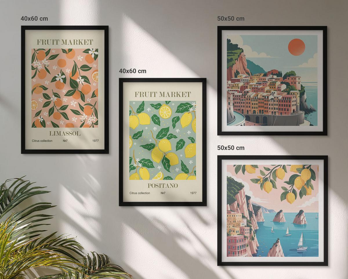 BILDER SET 4er Set - 50x50 cm & 40x60 cm Schwarzer Rahmen - Zitrusfrüchte der italienischen Tropen - Schwarz, Kunststoff (50/50cm) - TULUP