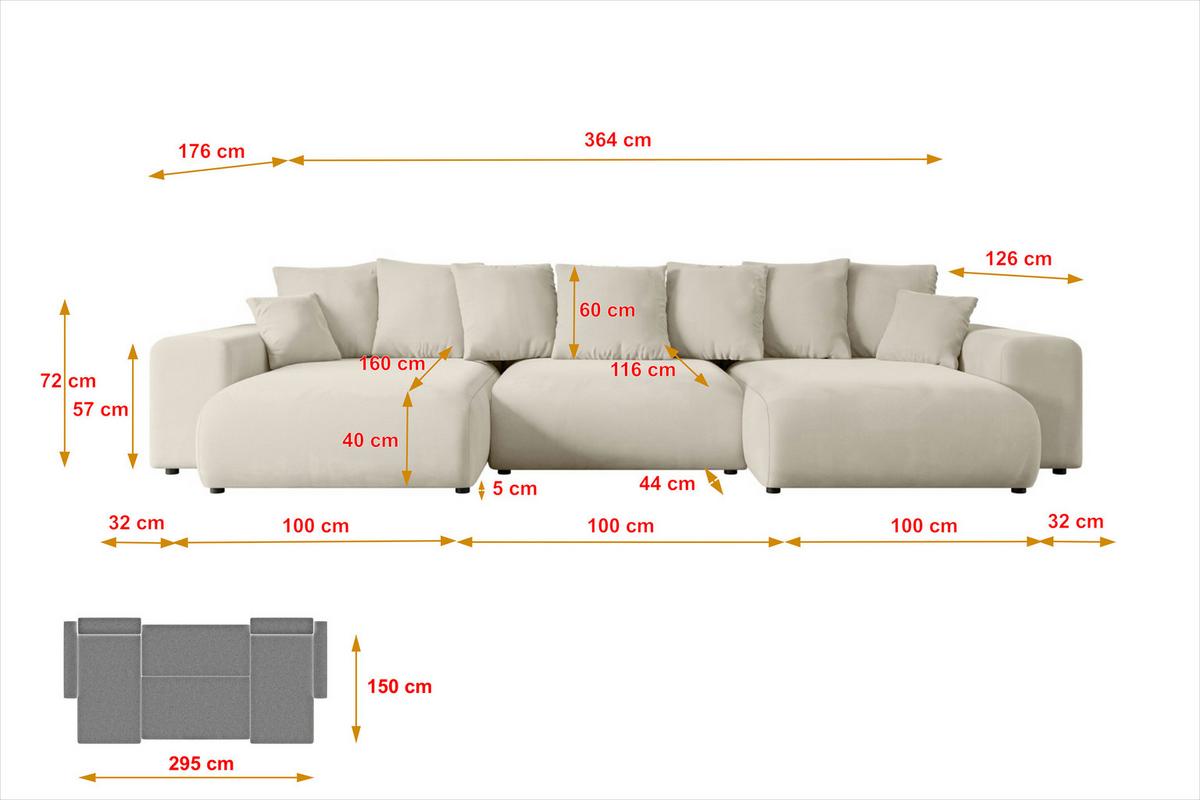 WOHNLANDSCHAFT mit Schlaffunktion ESKAR-U -364x176x72cm Beige Velours - Creme/Schwarz, Holzwerkstoff/Kunststoff (364/72/176cm) - ALTDECOR