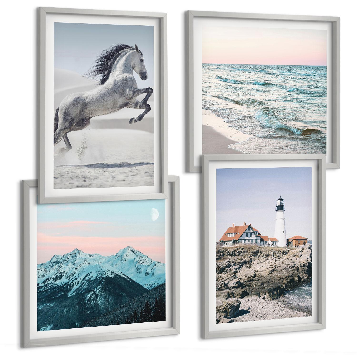 BILDER SET 4er Set - 50x50 cm & 40x60 cm Silberner Rahmen - Pferde, Bewegung, Strand, Leuchtturm, Berge - Silberfarben, Kunststoff (50/50cm) - TULUP
