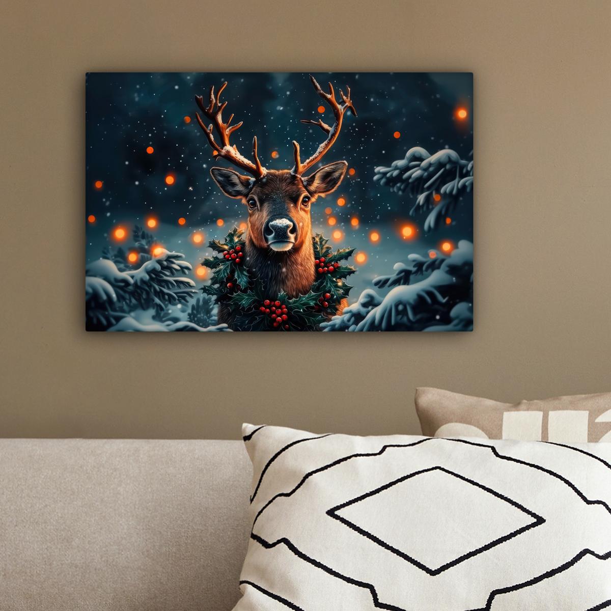 LEINWANDBILD Hirsch - Weihnachten - Winter - Schnee - Weihnachtskranz Deko Schlafzimmer 30x20 cm - Dunkelbraun, Textil (30/20cm) - MuchoWow