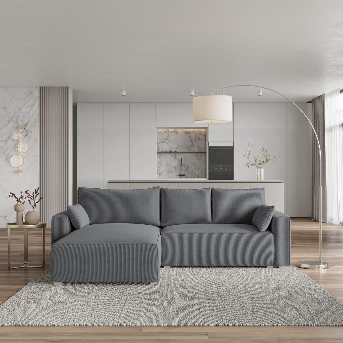 ECKSOFA FORIL P Grau Kordstoff mit Schlaffunktion - Grau, Holz/Kunststoff (265/178cm) - MASSENO