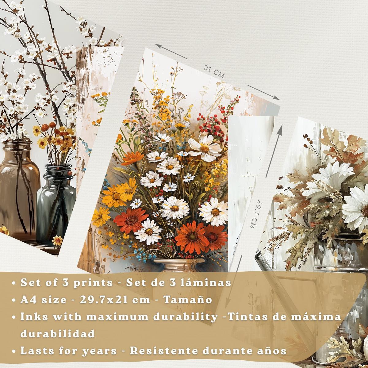 POSTER 3er Bilder-Set Wandbilder Blumen Vasen modern Wohnzimmer Deko, Schlafzimmer, Küche, Badezimmer Schwarzer Rahmen A4 - Schwarz, Papier (29.7/1/21cm) - Nacnic
