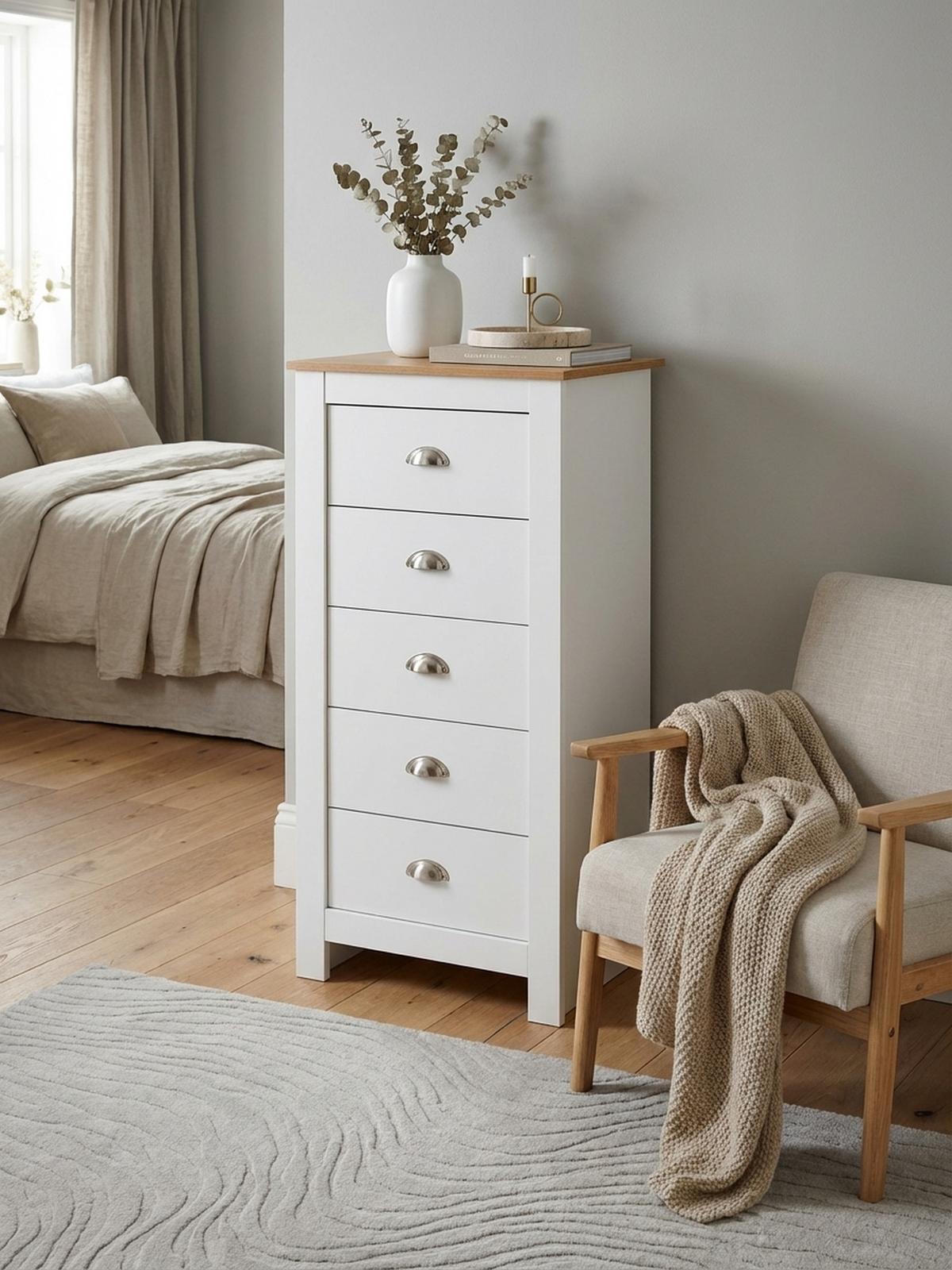 KOMMODE – Eiche/Weiß, 5 Schubladen, melaminbeschichtet - Weiß, Holz/Metall (53/114/39cm) - KADIMA DESIGN