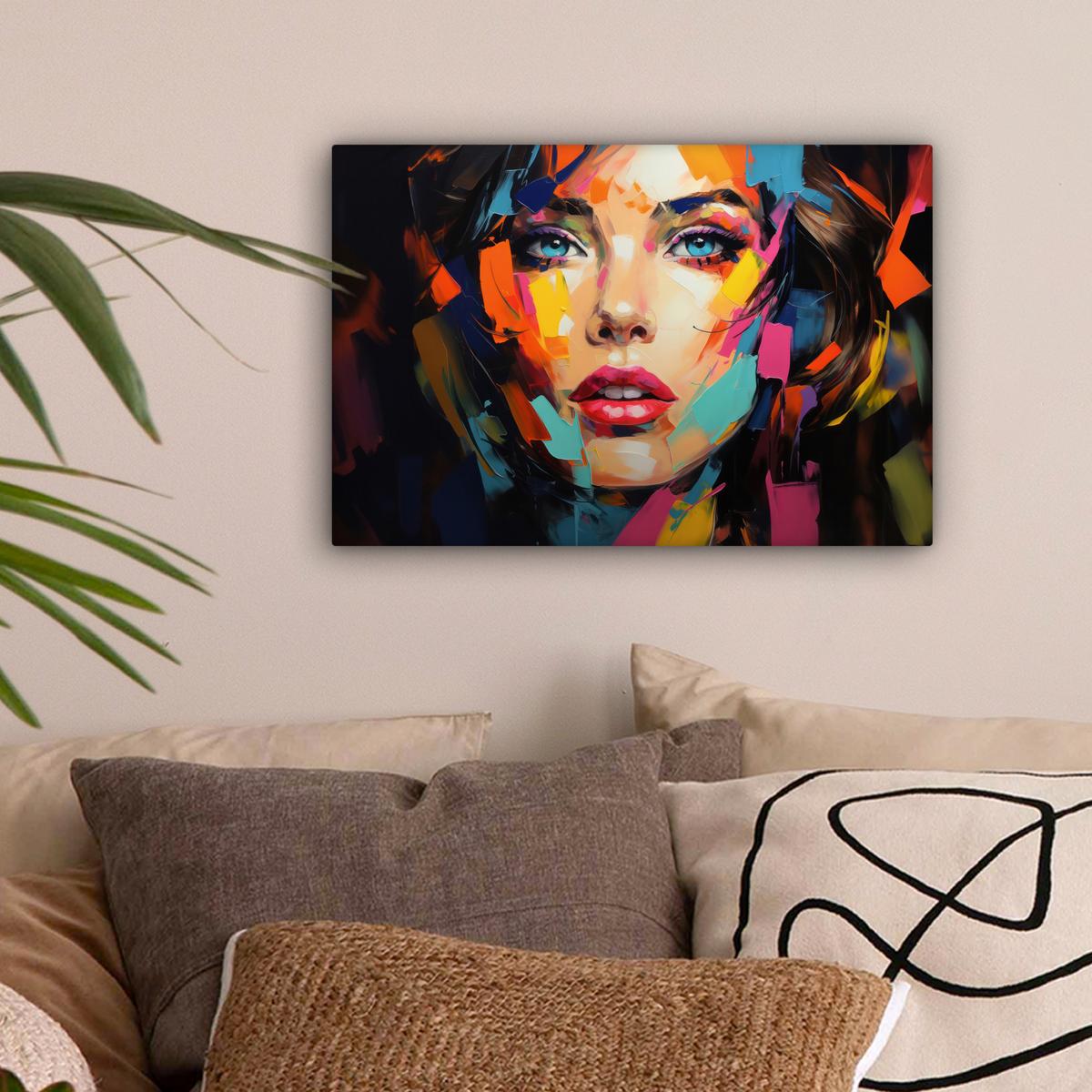 LEINWANDBILD Frau - Porträt - Farbenfroh - Kunst Deko Schlafzimmer 30x20 cm - Multicolor, Textil (30/20cm) - MuchoWow