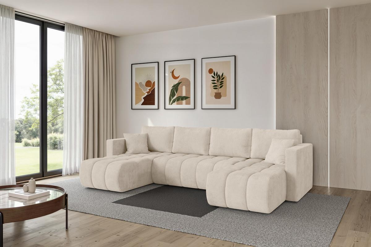 WOHNLANDSCHAFT mit Schlaffunktion und Bettkasten GARD-U 300x146x85 Beige Cord - Beige/Schwarz, Holzwerkstoff/Kunststoff (300/85/146cm) - ALTDECOR