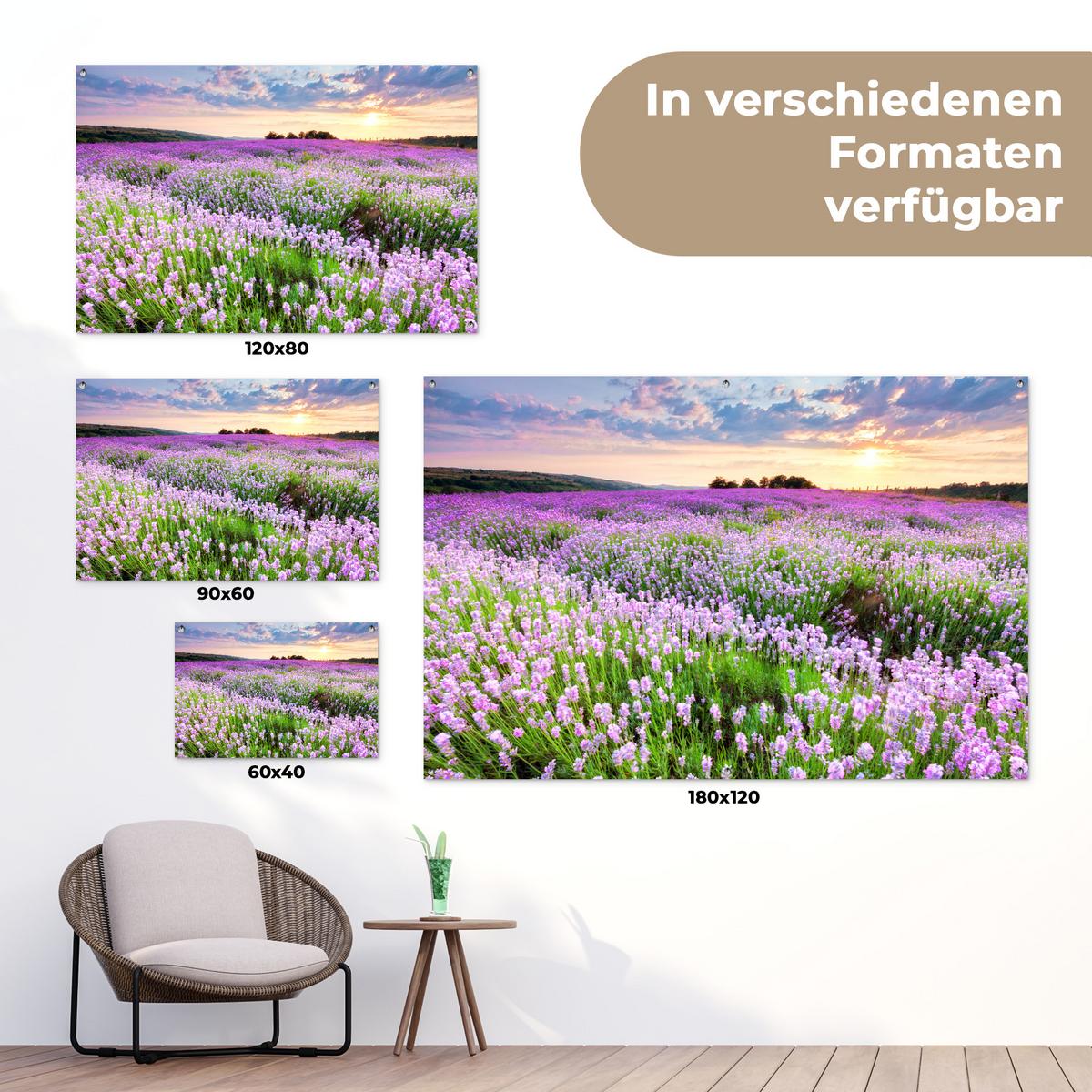 GARTENPOSTER Blumen - Lavendel - Lila - Himmel - Sonnenuntergang - Wiese - Natur Gartendeko 90x60 cm - Flieder, Kunststoff (90/60/0.2cm) - OnlyWow