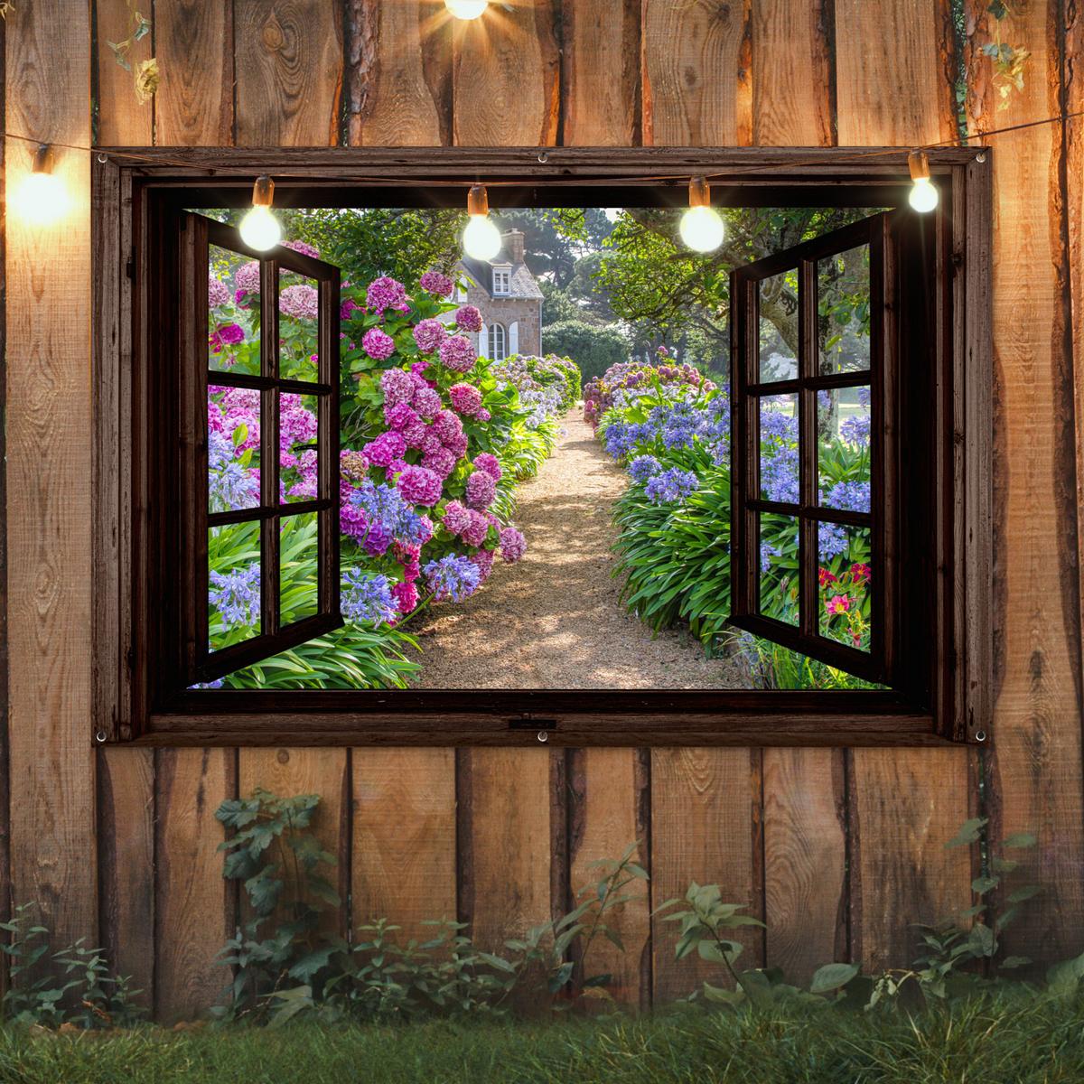 GARTENPOSTER Hortensie - Durchsichtig - Blumen - Lila - Natur - Dunkelbraunes Fenster Poster für draußen 180x120 cm - Dunkelbraun, Kunststoff (180/120/0.2cm) - OnlyWow