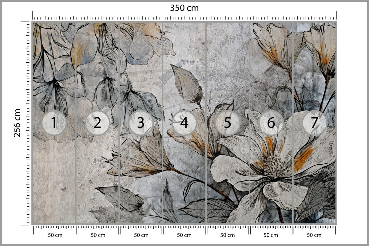 FOTOTAPETE für Büro Blumen Blätter Betongrund Vintage Pflanzen 350x256 - Grau, Papier (350/256cm) - Muralo