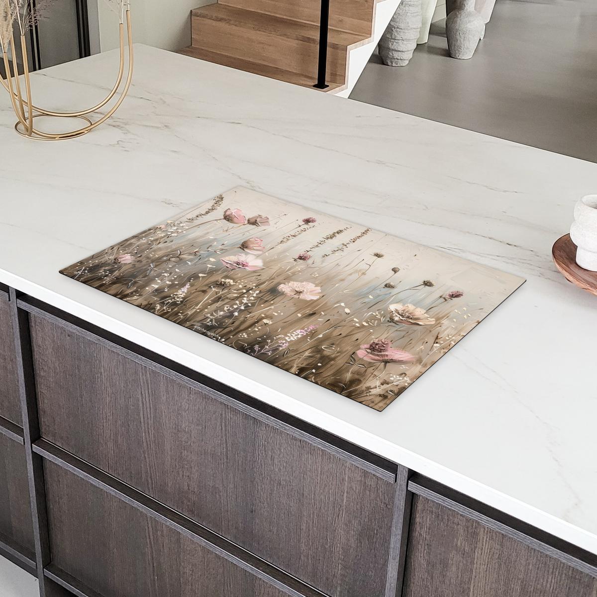 HERDABDECKPLATTE Blumen - Beige - Trockenblumen Induktionsschutz 81.6x52.7 cm - Beige, Kunststoff (81.6/52.7/0.2cm) - MuchoWow