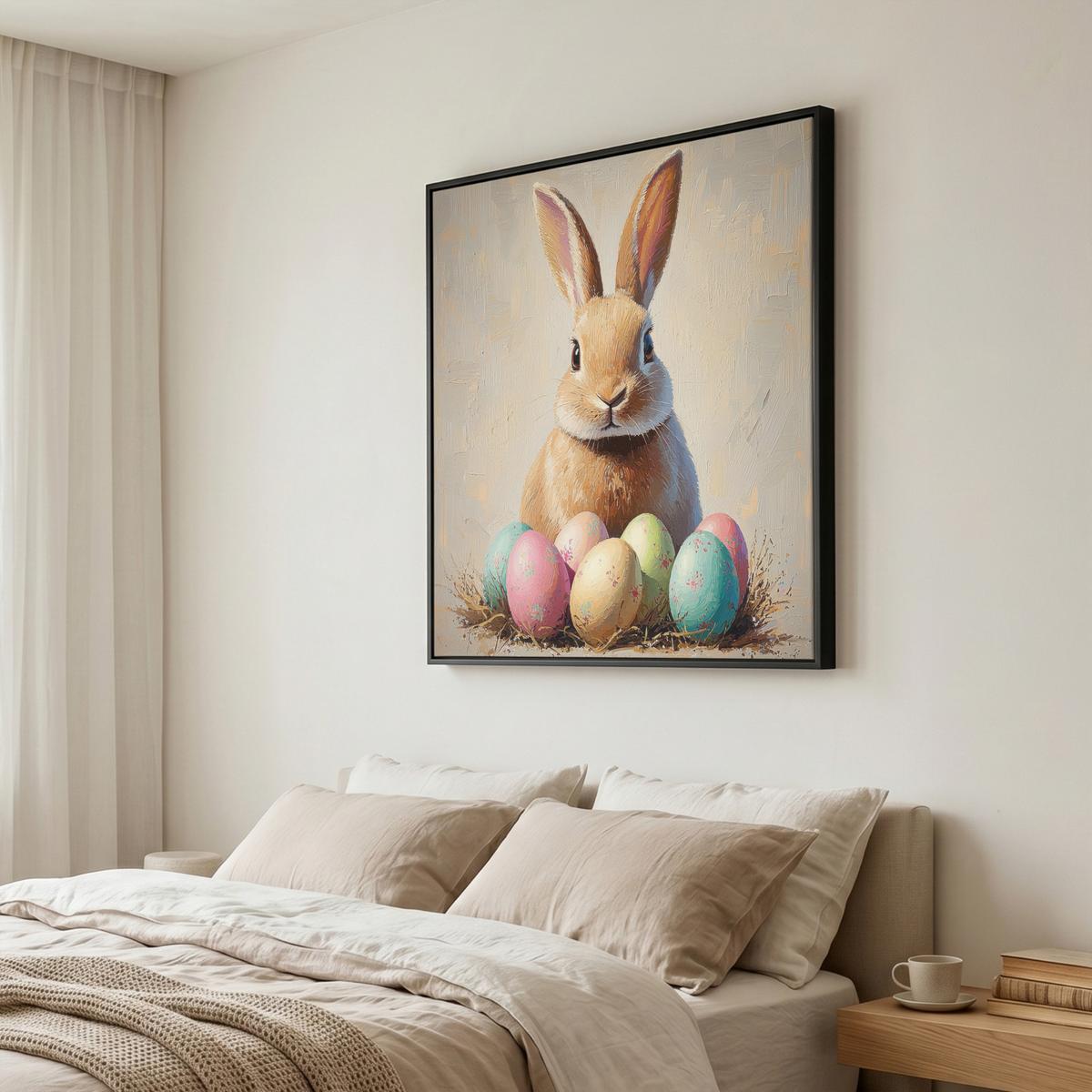 LEINWAND Bilder mit Rahmen - Osterhase - Pastell - Eier - 90x90 - Beige, Textil (90/90cm) - MuchoWow