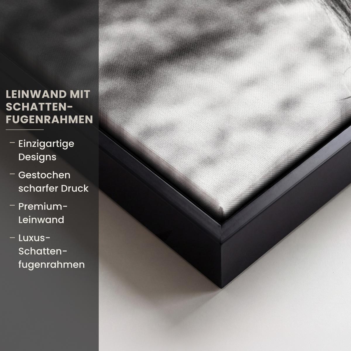 LEINWAND Bilder mit Rahmen - Kuh - Schottischer Hochländer - Schwarz - Weiß - Tier - Natur - Wildtiere - 80x60 - Schwarz, Textil (80/60cm) - MuchoWow
