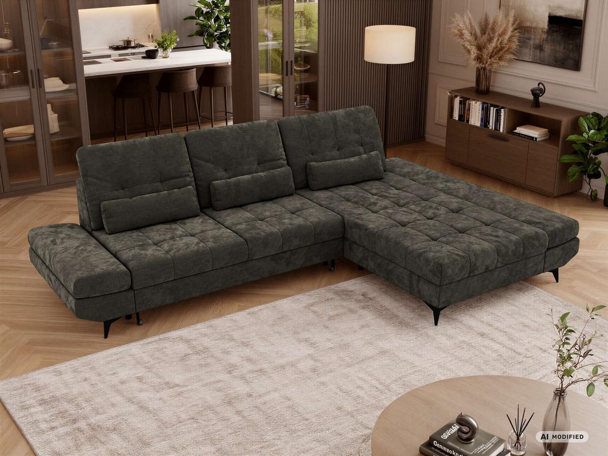 ECKSOFA ALVENO L - Dunkelgrau Schenille glatt - Rechts Seite - Dunkelgrau/Schwarz, Textil/Metall (344/218cm) - MKS